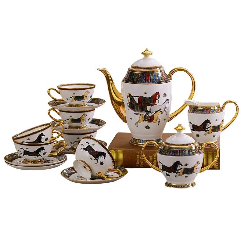 Promotion 15 Pcs Nordic Royal War Horses Porcelain Coffee Tea Cups Set For Home Decors