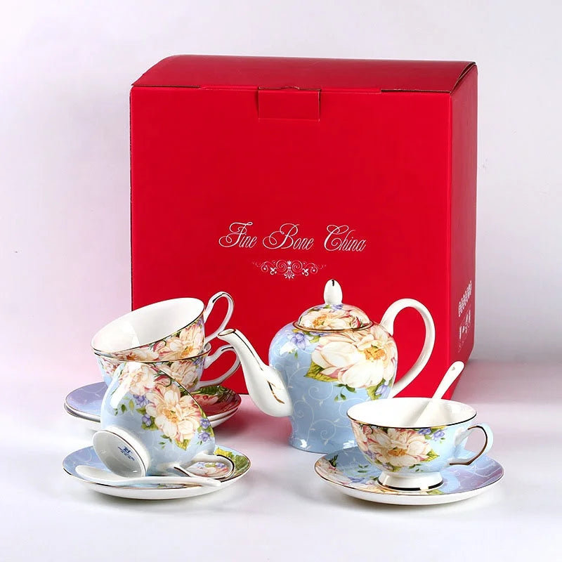 Hot sale light blue color fine british style bone china ceramic afternoon coffee tea set