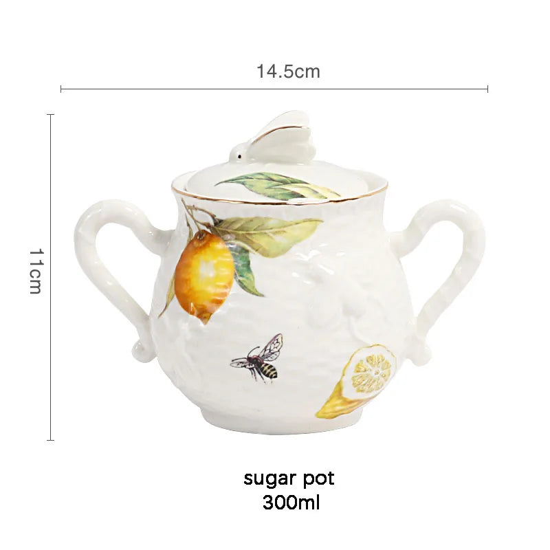 Low price European style relief lemon tree pattern porcelain tea cups and saucers