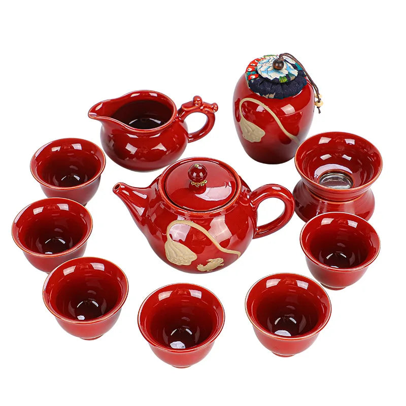 Wholesale Kung Fu tea set red crockery teapot cup set with gift box