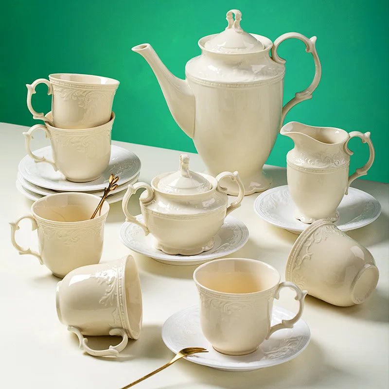 Low price promotion of European white and yellow embossed afternoon tea ceramic coffee set