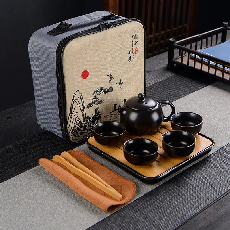 Portable Ceramic Travel Kung Fu Teapot Tea Cup Gift Set With Square bag