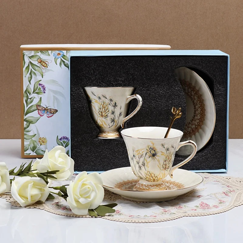 Wholesale European style golden border wheat ear pattern tea cups and saucers with gift boxes