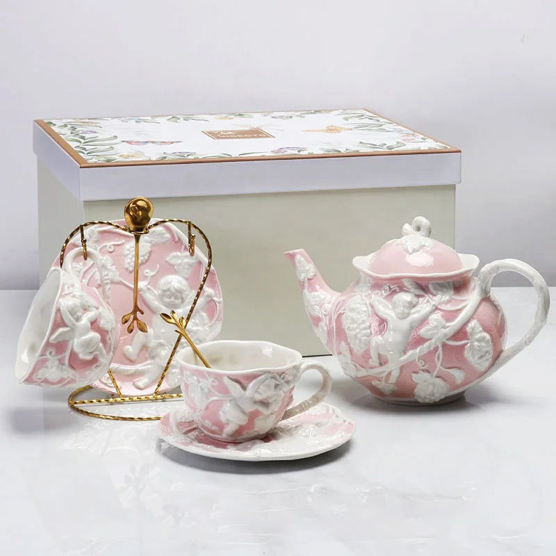 Hot selling European style relief pink ceramic tea set