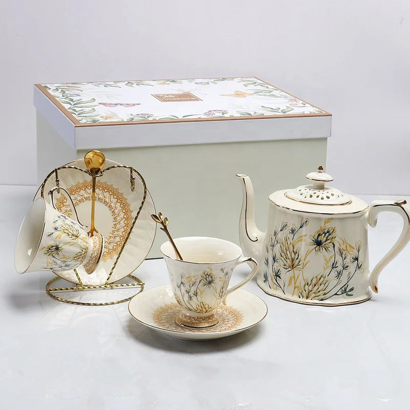 Wholesale European style golden border wheat ear pattern tea cups and saucers with gift boxes