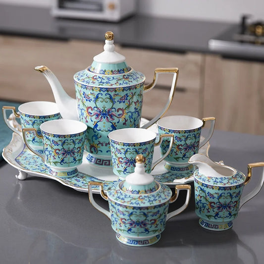 Best selling European green relief enamel afternoon tea ceramic coffee set