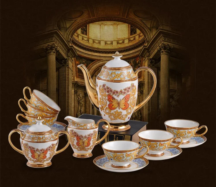 On Sale European Luxury Gilding Butterfly Pattern Home Decors Ceramic Coffee Tea Sets